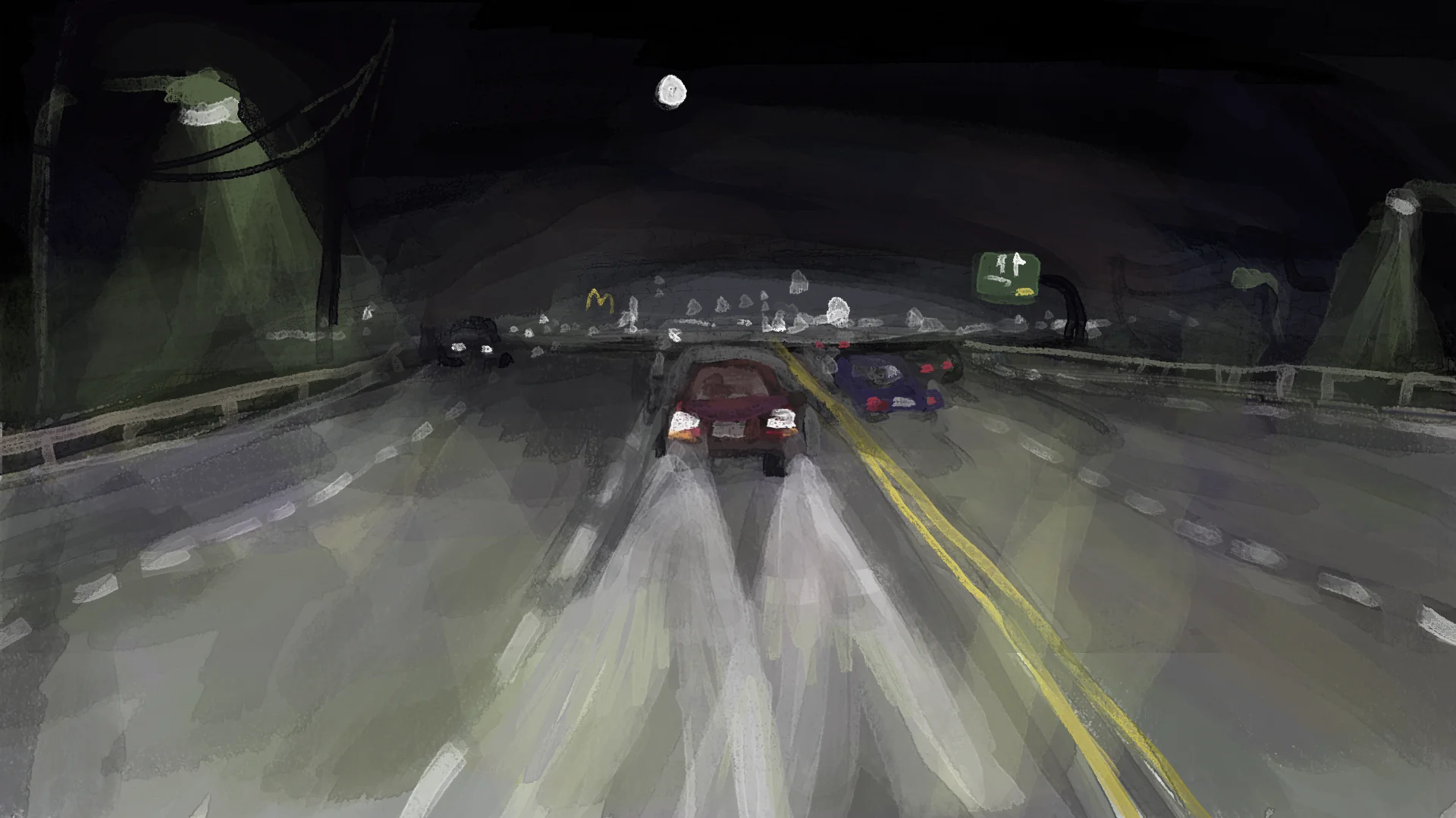 painting of i-15 at night facing west with a red car in the far left lane heading eastbound