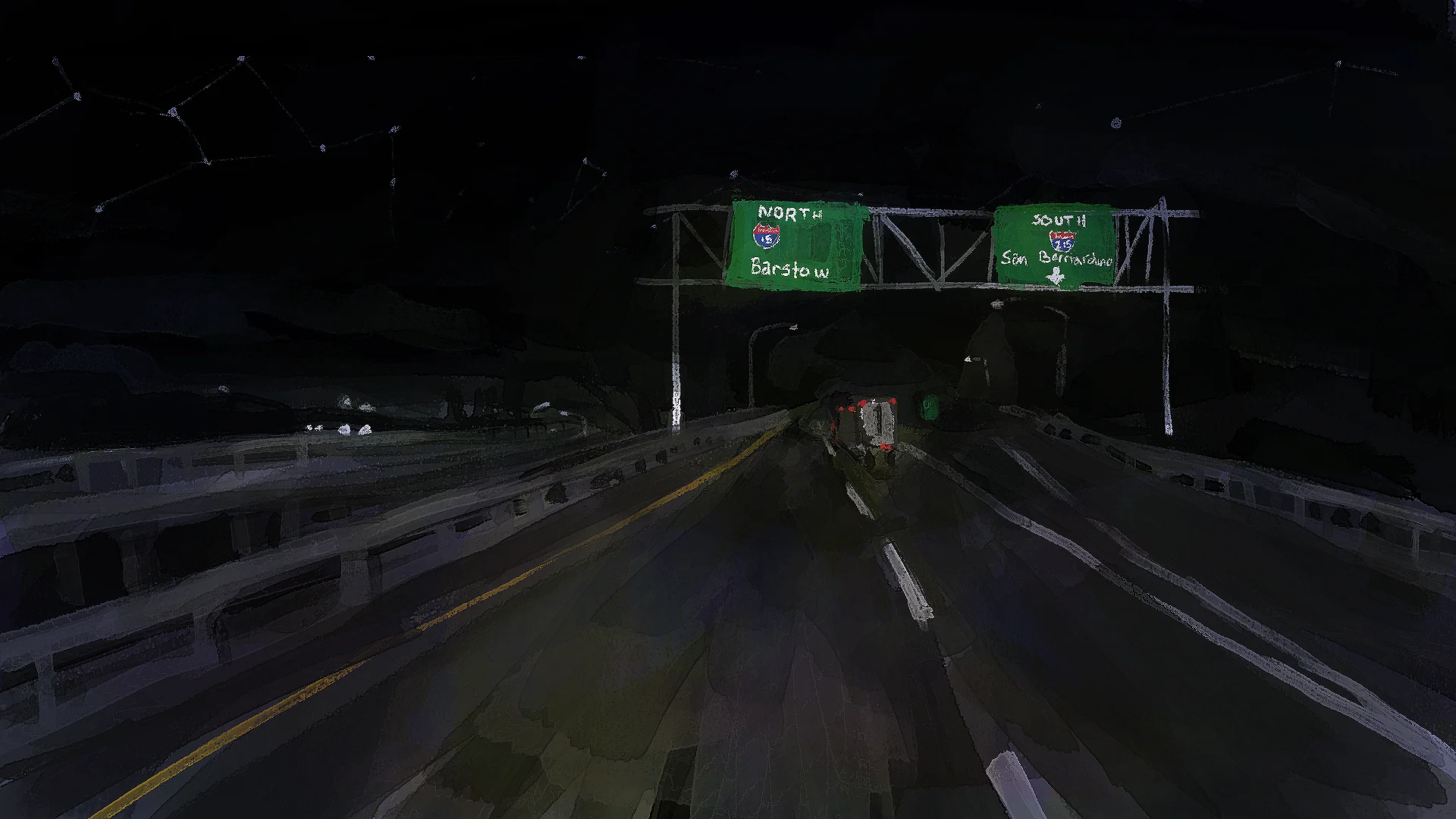 A painting of I-15 eastbound at night, from the perspective of the far left lane. There is a sign ahead over a fork in the road that reads 'NORTH INTERSTATE 15 BARSTOW' above the left two lanes and 'SOUTH INTERSTATE 215 SAN BERNARDINO' above the lane to the right of the fork.