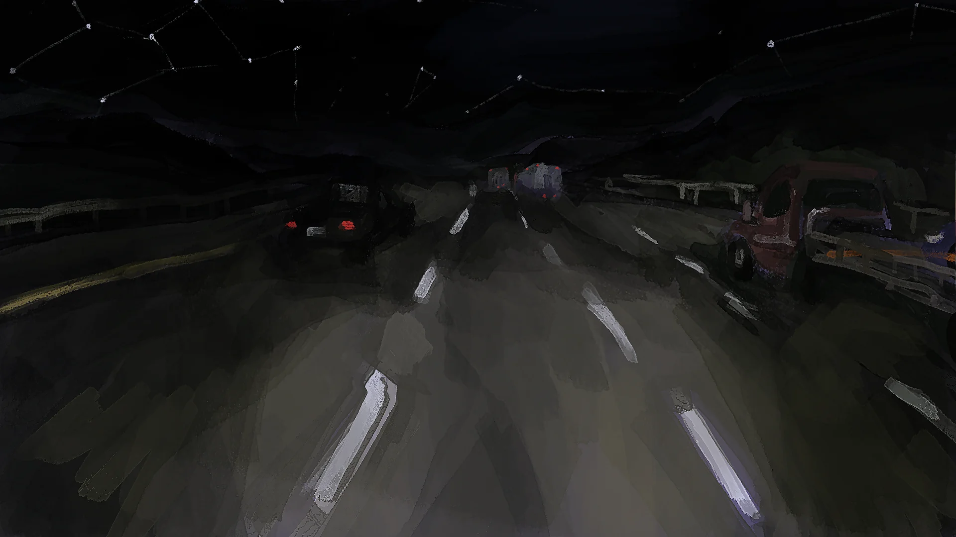 A painting of I-15 at night. There is a rollback truck towing a blue sedan in the rightmost lane, and the constellation Hercules is mostly visible in the sky.