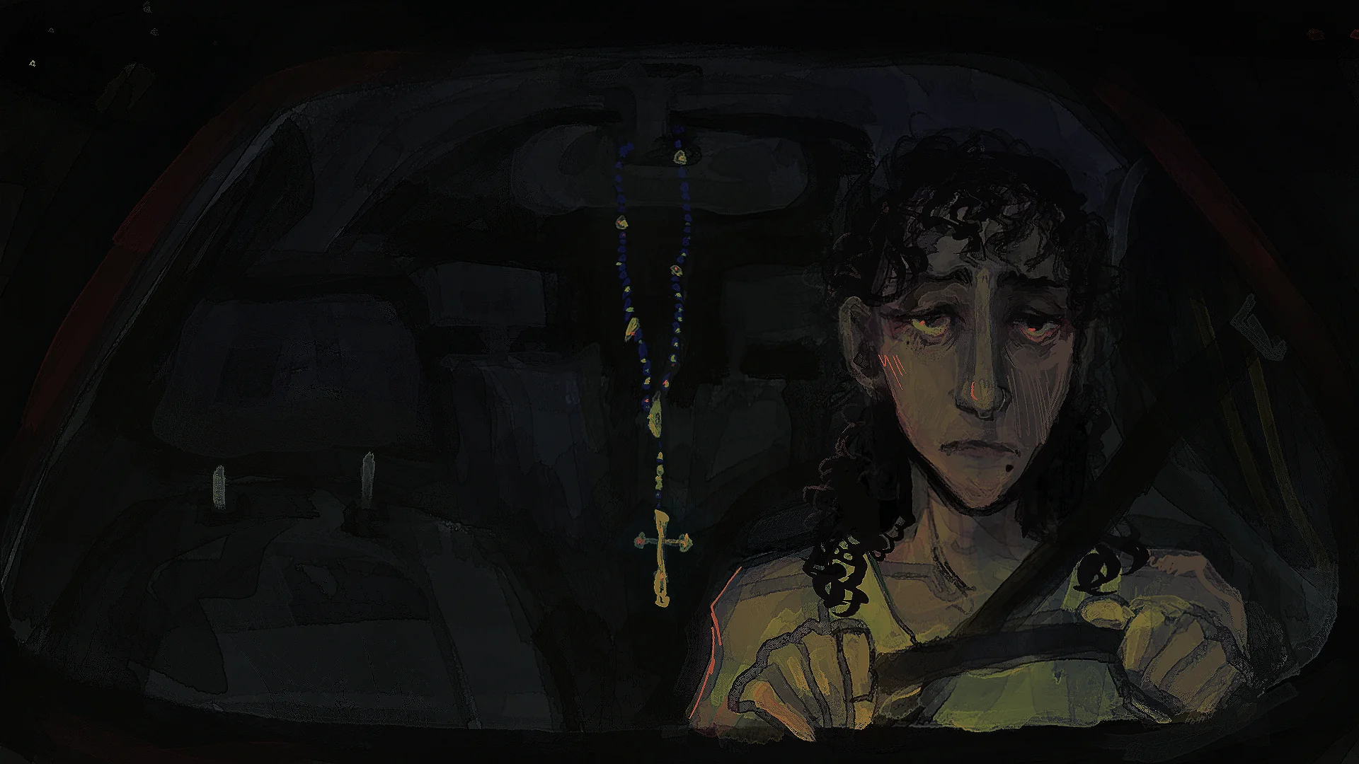 A tired woman drives the Ford escort. A blue beaded rosary hangs from the rearview mirror.