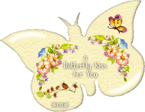 A butterfly shaped graphic with sparkling flowers and text that reads 'A butterfly kiss for you'.