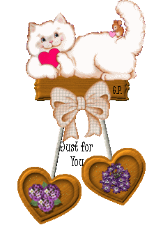 A cat and mouse with hearts, accompanied by a ribbon, wooden heart ornaments, and text that reads 'Just for you'.